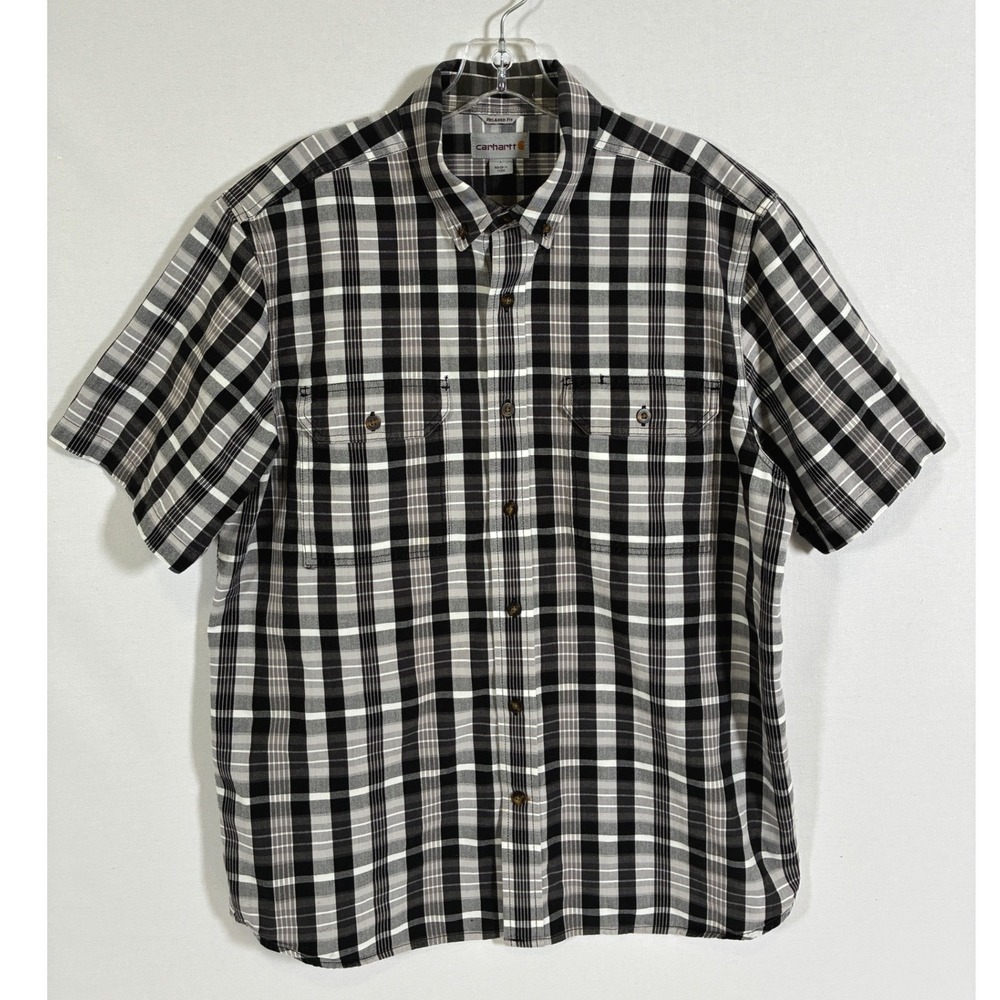 Carhartt Mens Relaxed Fit Plaid Short Sleeve Button Down Shirt Black Grey L